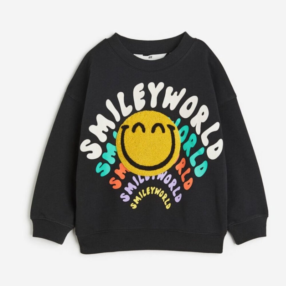 H&M x SmileyWorld Oversized Sweatshirt | Black Graphic Crewneck | Kids 8-10Y